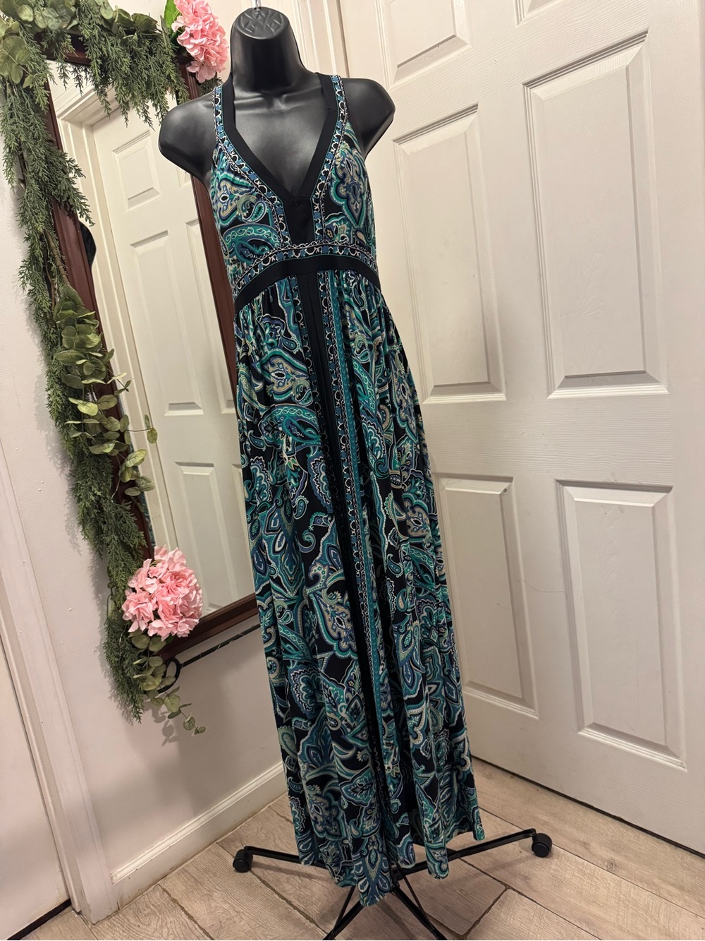 INC International Concepts Teal and Black Paisley Maxi Dress